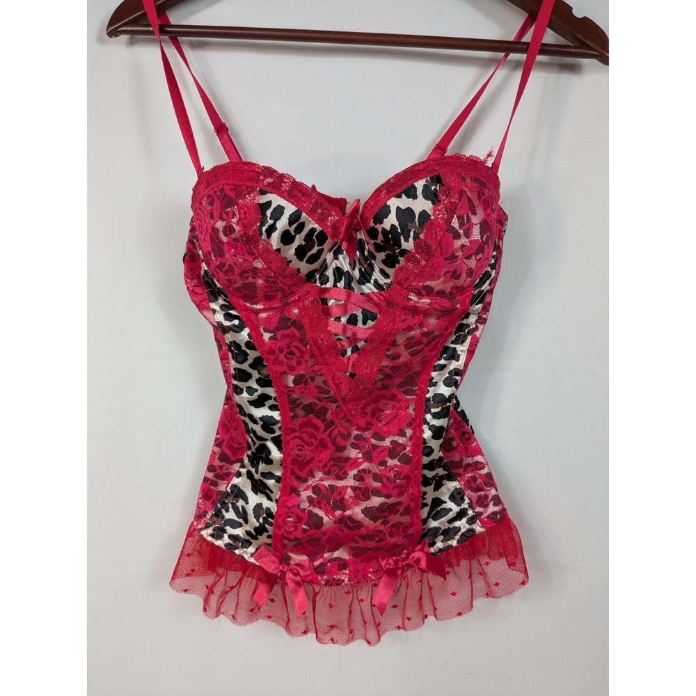 Tarea Rue 21 Black Pink Lace Bra Leopard Print Satin Bustier Corset Sz 34C A044